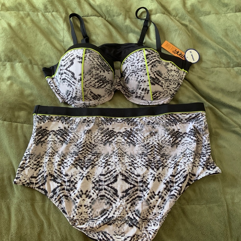Neon, Black, and White Bikini Set by Tropiculture.